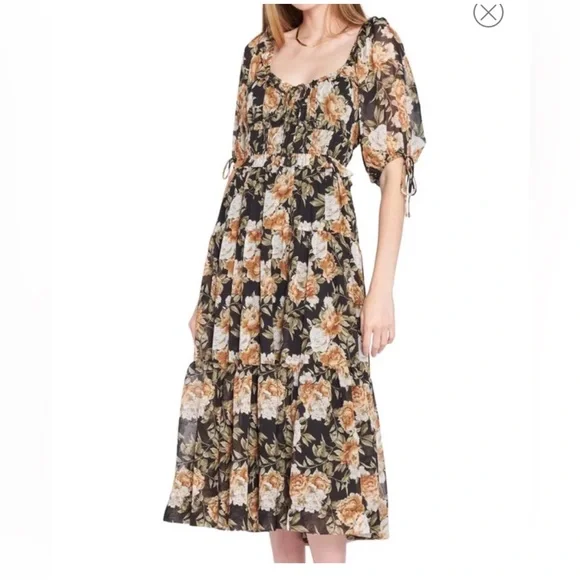 En Saison Meadow Poplin Puff-Sleeve Tiered Midi Dress (Elegant Floral), Sz L - Picture 5 of 9